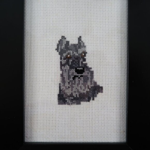 Framed Schnauzer Dog Needlepoint Cross Stich Decor Handmade 7 by 9" - Picture 1 of 3